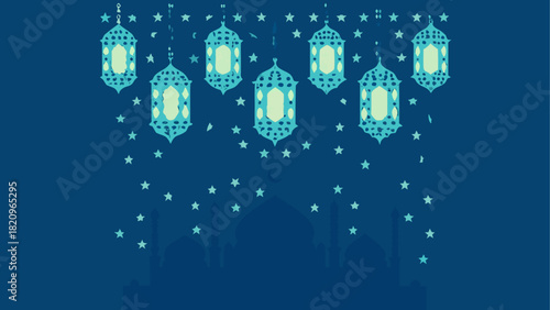Illustration of lanterns and stars on blue background