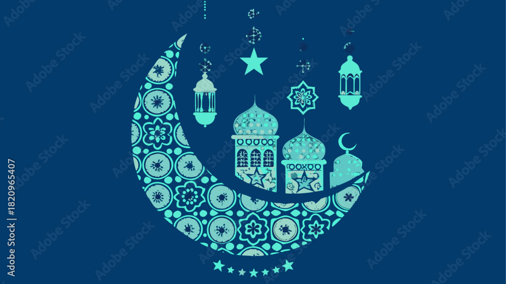 Obraz premium Crescent moon with islamic architecture and stars