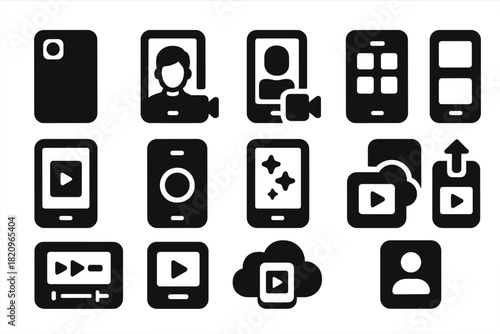 Mobile Video Icons. Solid style icons of mobile video and apps: smartphone camera, selfie video, video call icon, app interface,
