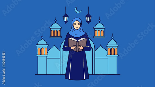 Muslim woman reading quran with mosque background