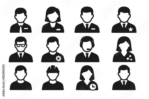 Workplace Role Icons. Solid style icons of Workplace roles: intern, assistant, manager, supervisor, director, specialist,