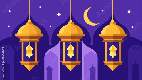 Three golden lanterns hanging in a night scene
