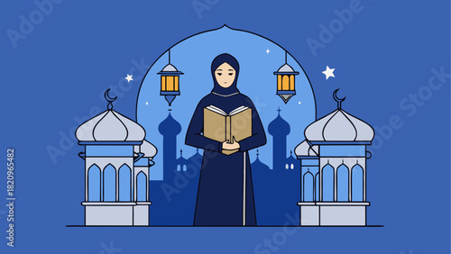 Muslim woman reading book in front of mosque view