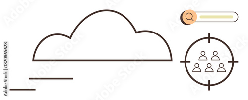 Minimalistic cloud design, target symbol enclosing group of people, and search bar. Ideal for technology, cloud computing, user targeting, marketing, data analysis search innovation. Simple flat