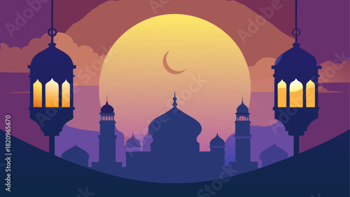 Illustration of mosque with moon and two lanterns