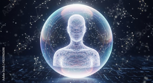 A glowing digital human figure inside a translucent sphere surrounded by network connections in a futuristic cyber space.