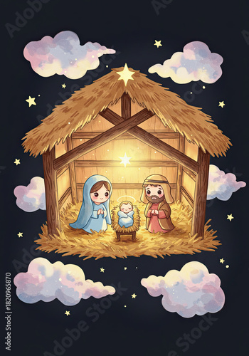 Nativity scene with woman Mary, man Joseph, and baby Jesus in a manger. Christian Christmas concept ideal for greeting card.
