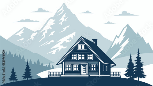 Stunning mountain cabin retreat for winter vacation rentals, with snow capped peaks, evergreen trees, and cozy rustic charm, perfect for real estate marketing