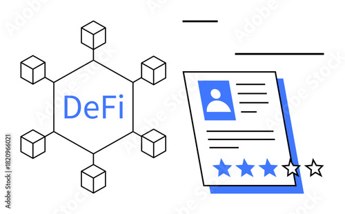 Decentralized finance hexagonal network with user profile card featuring star rating system. Ideal for blockchain, user experience, financial technology, DeFi platforms, app reviews, transparency