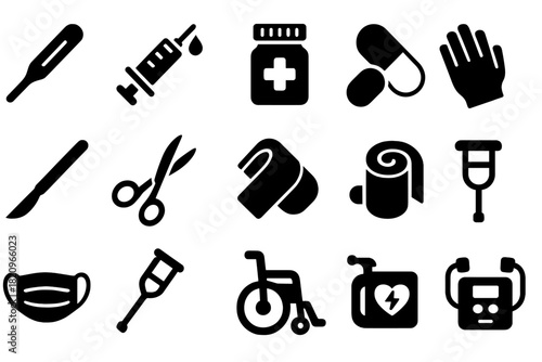 Medical Tool Icons. Solid style icons of Medical tools: thermometer, syringe, pill bottle, capsule, scalpel, surgical scissors,