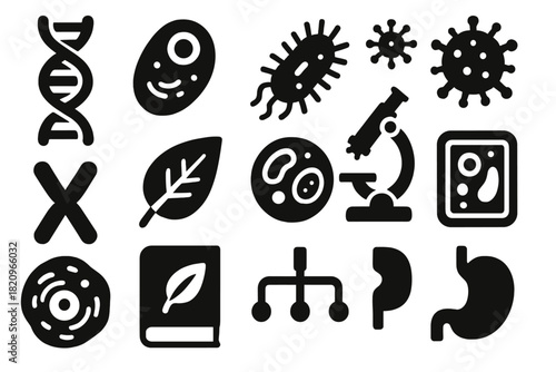 Biology Icon Set. Solid style icons of Biology: DNA strand, cell structure, bacteria icon, virus symbol, chromosome, leaf biology,