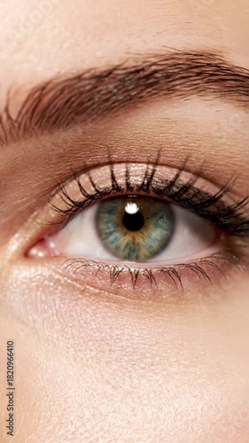 Close up of a human eye with green iris and detailed eyelashes