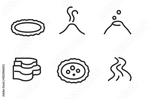 Hydrothermal Icons Collection. Line style icons of Hydrothermal Features: hot spring pool, steam vent, mud pot, silica terrace,