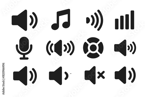 Sound Icon Collection. Solid style icons of Sound: speaker sound, music note sound, sound waves, audio equalizer, microphone sound