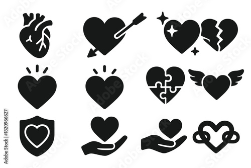 Heart Icon Variations. Solid style icons of heart variations: beating heart, pierced heart, sparkling heart, shattered heart,