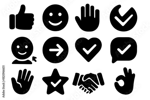 Yes Icons Collection. Solid style icons of Yes icons: thumbs up, smiling face, open hand, agreement symbol, nodding head, accepted