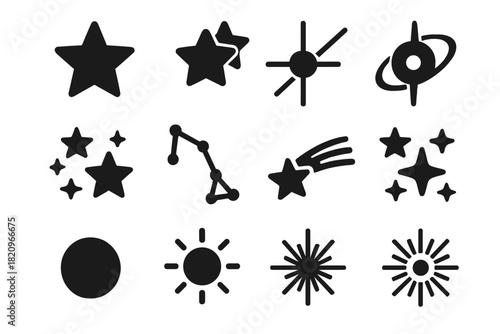 Stars and Constellations Icons. Solid style icons of Stars and Constellations: single star, binary stars, pulsar, quasar, star