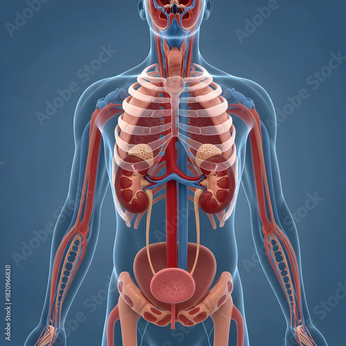 Human Anatomy Illustration Showing Circulatory and Skeletal Systems