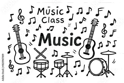 Black and white drawing of musical instruments and notes