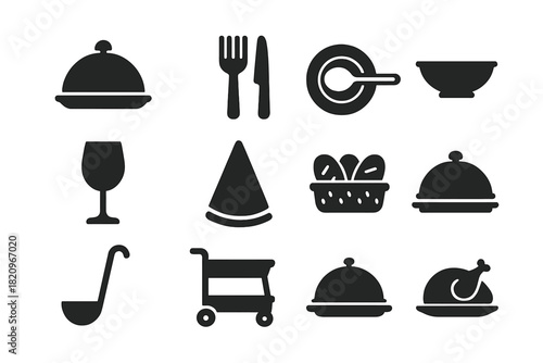 Dining Icons Collection. Solid style icons of Dining and serving: cloche tray, fork and knife, plate with spoon, serving bowl,