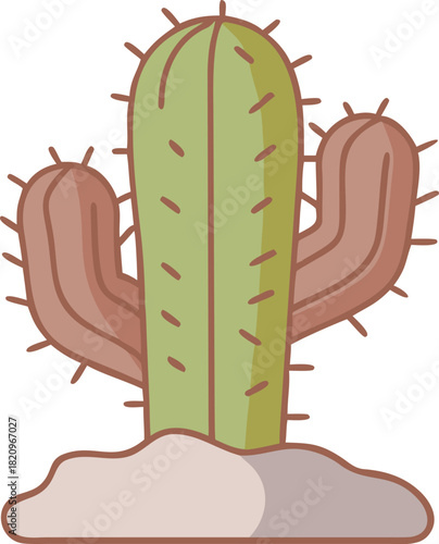 Vibrant Green Cactus Graphic with Red-Brown Side Arms on Layered Soil, Representing Desert Flora and Succulent Variety, Isolated