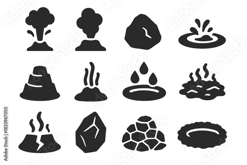 Geothermal Icons Collection. Solid style icons of Geothermal Features: geyser eruption, fumarole steam, volcanic rock, mud pot,