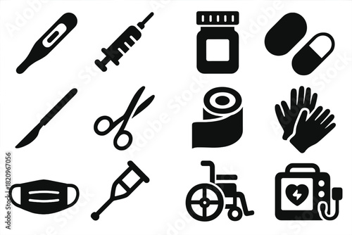 Medical Tool Icons. Solid style icons of Medical tools: thermometer, syringe, pill bottle, capsule, scalpel, surgical scissors,