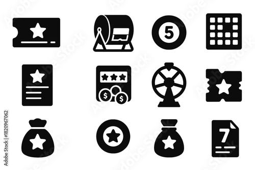 Lottery Icons Collection. Solid style icons of Lottery: lottery ticket, raffle drum, numbered ball, bingo card, scratch card,