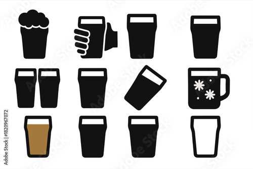Variety of Pint Icons. Solid style icons of Pints: pint with foam, pint in hand, full pint, half pint, double pint, empty pint,