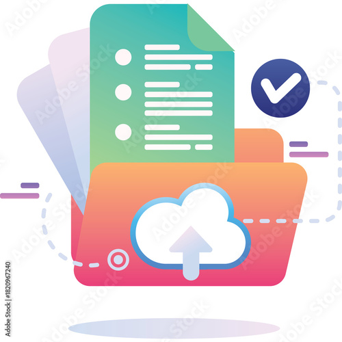 Digital Cloud Storage And Document Organization With Upload Icon And Checklist In Gradient Colors On Transparent Background