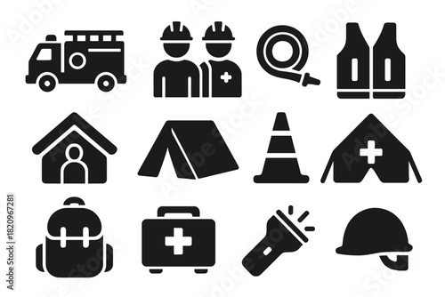 Disaster Response Icons. Solid style icons of Disaster response: fire truck, rescue team, water hose, safety vest, emergency