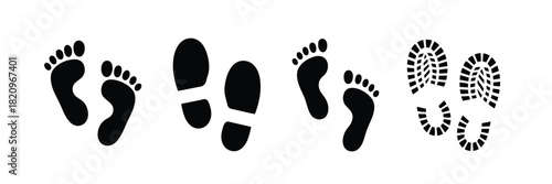 Footprint icons featuring human footprints, baby footprints, and simple silhouette shapes in clean vector style