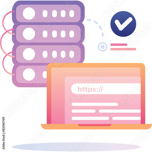 Digital network servers connected to a laptop displaying secure https website connection with a blue checkmark indicating verification and success on a clean white background