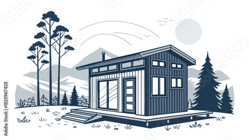 Modern cabin retreat nestled in the mountains, a tranquil escape to nature with trees, birds, sun, and fresh air for a peaceful, mindful getaway