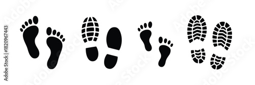 Footprint silhouettes showing human steps, infant foot marks, and walk patterns rendered in minimal vector style suitable for logos, signs, and modern design projects