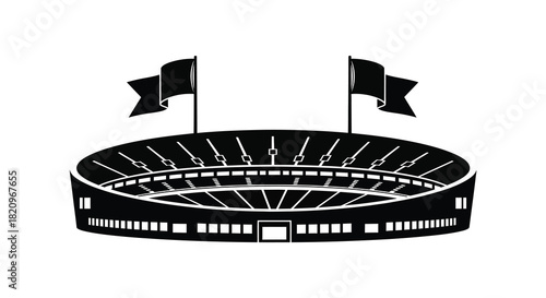 Stadium building with flags silhouette vector illustration for sports events