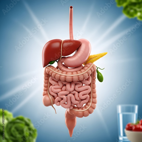 Examining Human Digestive System Diagram with Healthy Food