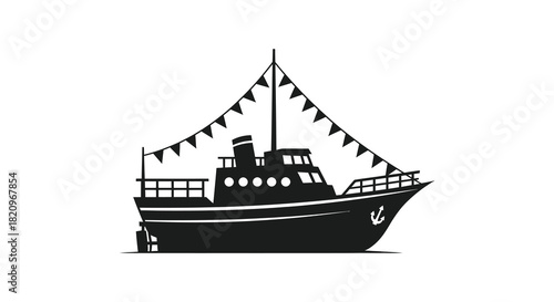 Fishing boat with bunting silhouette on white background