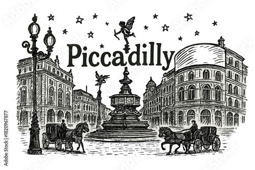 Piccadilly is a city with a fountain and horses