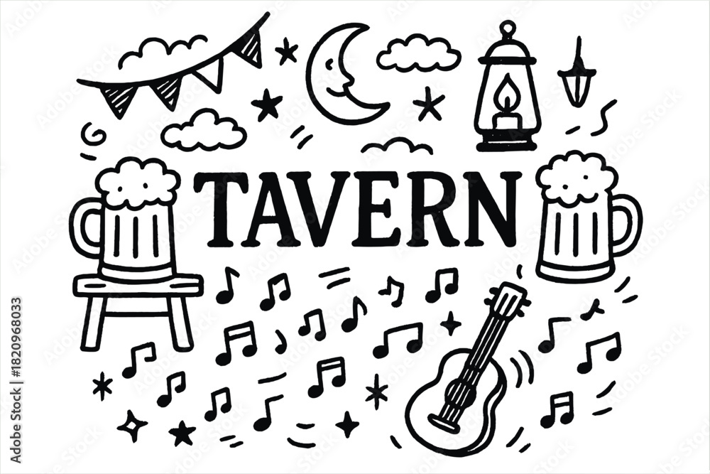 Fototapeta premium Black and white drawing of a tavern with a guitar and a cup