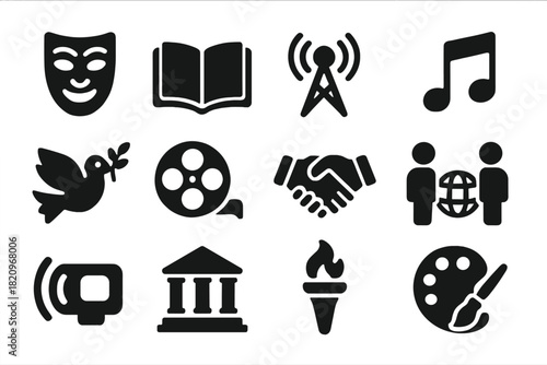 Icons of Soft Power. Solid style icons of soft power influence: cultural mask, open book, broadcast tower, music note, diplomacy