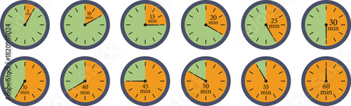 Minute Timer Icon set. Countdown timer symbol. Stopwatch icons with different time. Stopwatch intervals signs. representing stopwatch, time tracking, scheduling, deadline, and duration measurement.