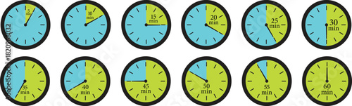 Minute Timer Icon set. Countdown timer symbol. Stopwatch icons with different time. Stopwatch intervals signs. representing stopwatch, time tracking, scheduling, deadline, and duration measurement.
