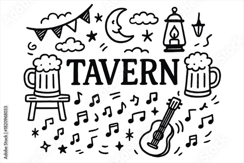 Black and white drawing of a tavern with a guitar and a cup