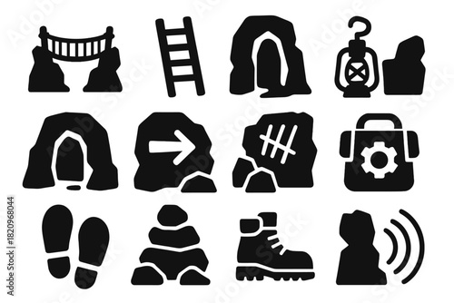 Cavern Exploration Icons. Solid style icons of Hidden Cavern Pathways: rope bridges, wooden ladders, lantern hooks, narrow tunnels