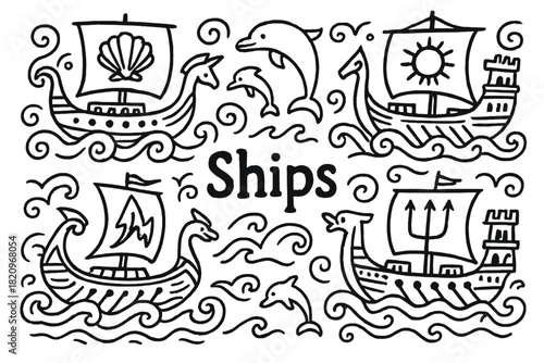 The image is a drawing of four boats with a word "ships" written below them
