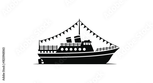 Festive decorated passenger boat with bunting silhouette