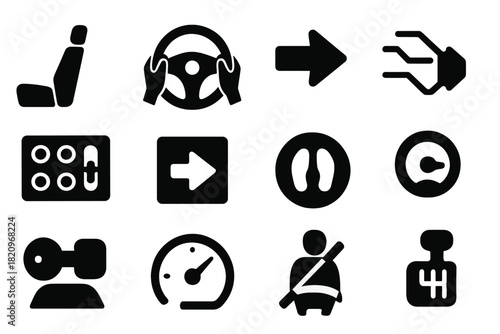 Driving Control Icons. Solid style icons of driving and operation: driver seat, hands on wheel, acceleration icon, car controls,