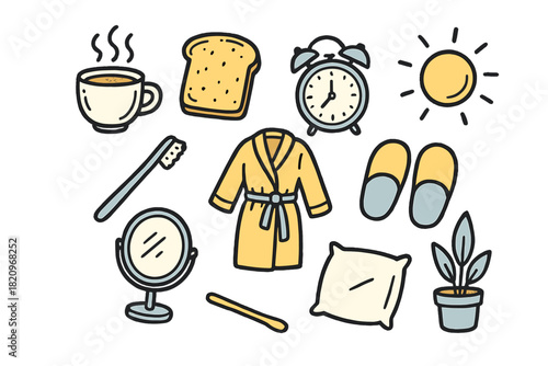 Cartoon drawing of a bathroom with a toothbrush, a cup of coffee, a toaster