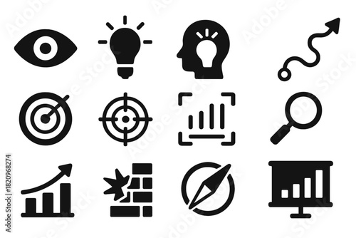 Discovery Icons Design. Solid style icons of discovery actions: eye icon, lightbulb discovery, spark of idea, explore path, radar